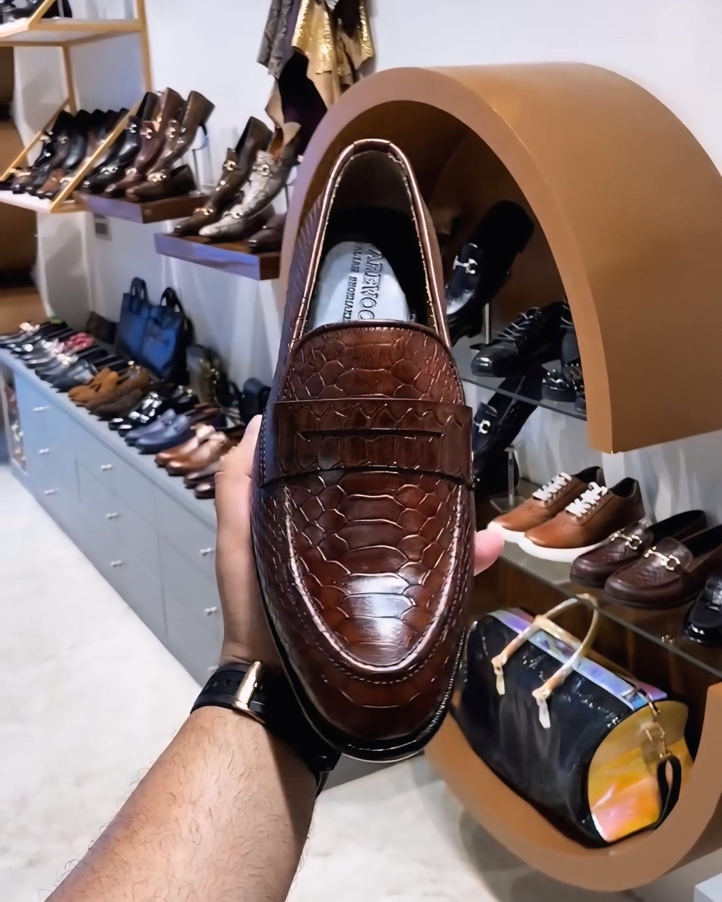 Brown Patina Cobra Scaled Penny Moccasins
