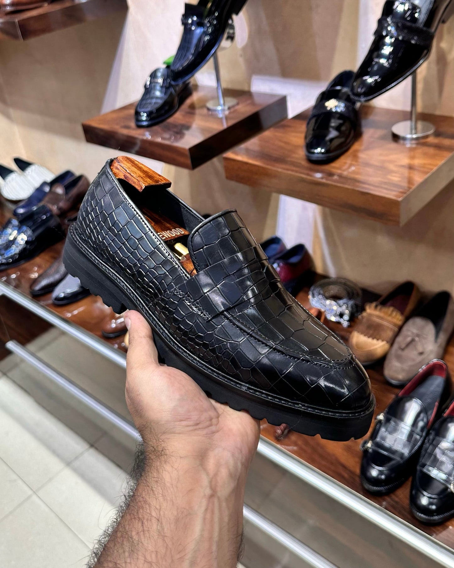 Classic Black Smooth Crocodile Boot Sole Penny Moccasins