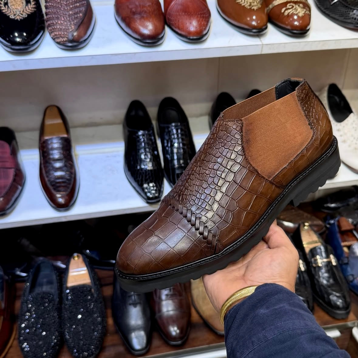 Medium Brown Crocodile Scaled Low-top Chelsea Boots with Lug Sole