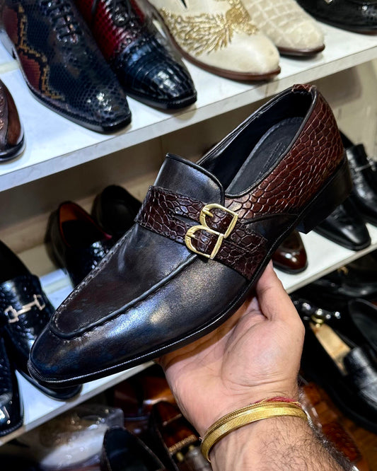 Navy Double Monk Loafers with Brown Croc Leather