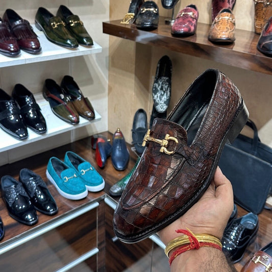 Burnished Tobacco Brown Crocodile Scaled Loafers