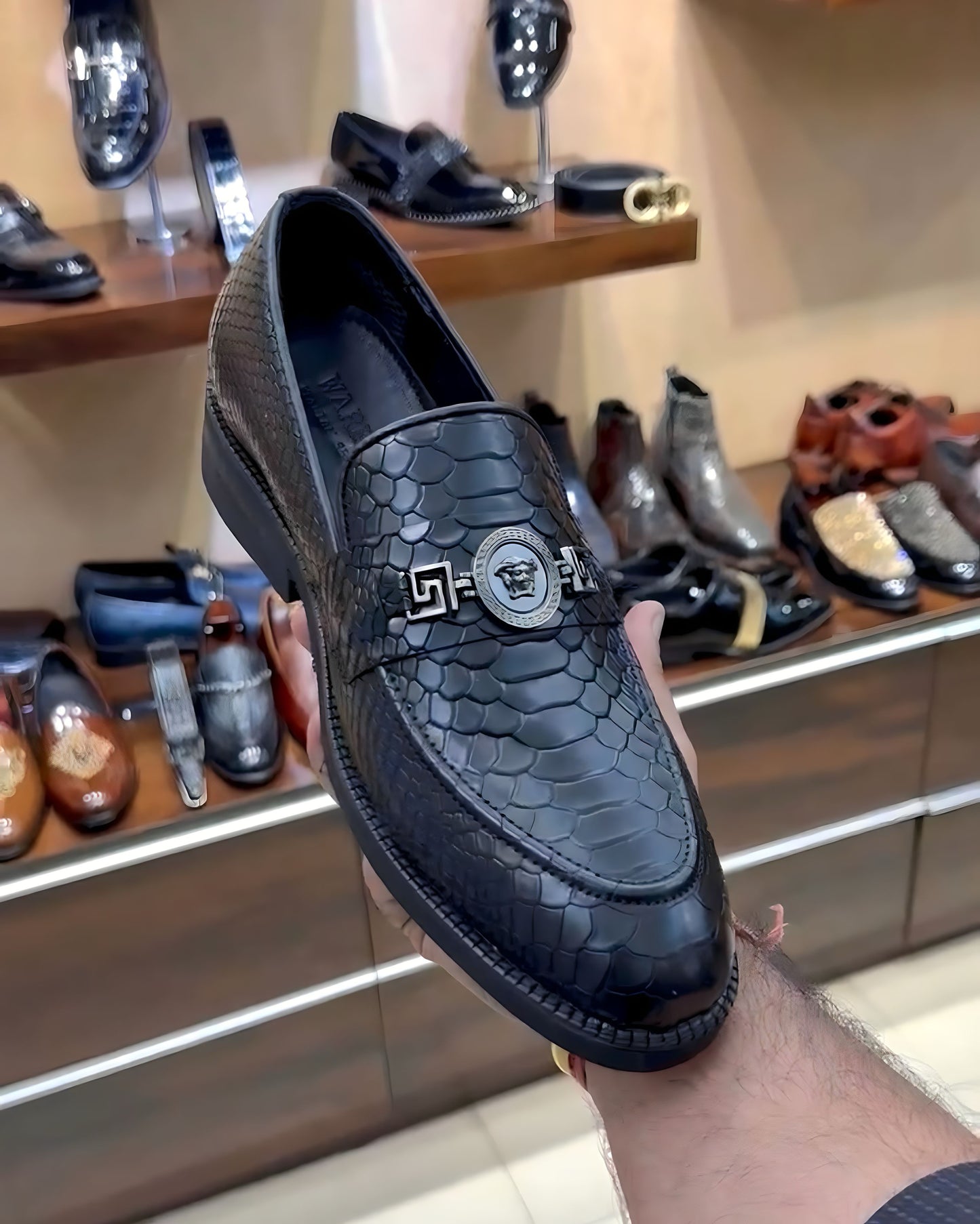 Designer Black Cobra Scaled Slip-on Loafers