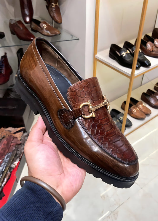 Patina Wooden Finish Cobra Scaled Boot Sole Moccasins