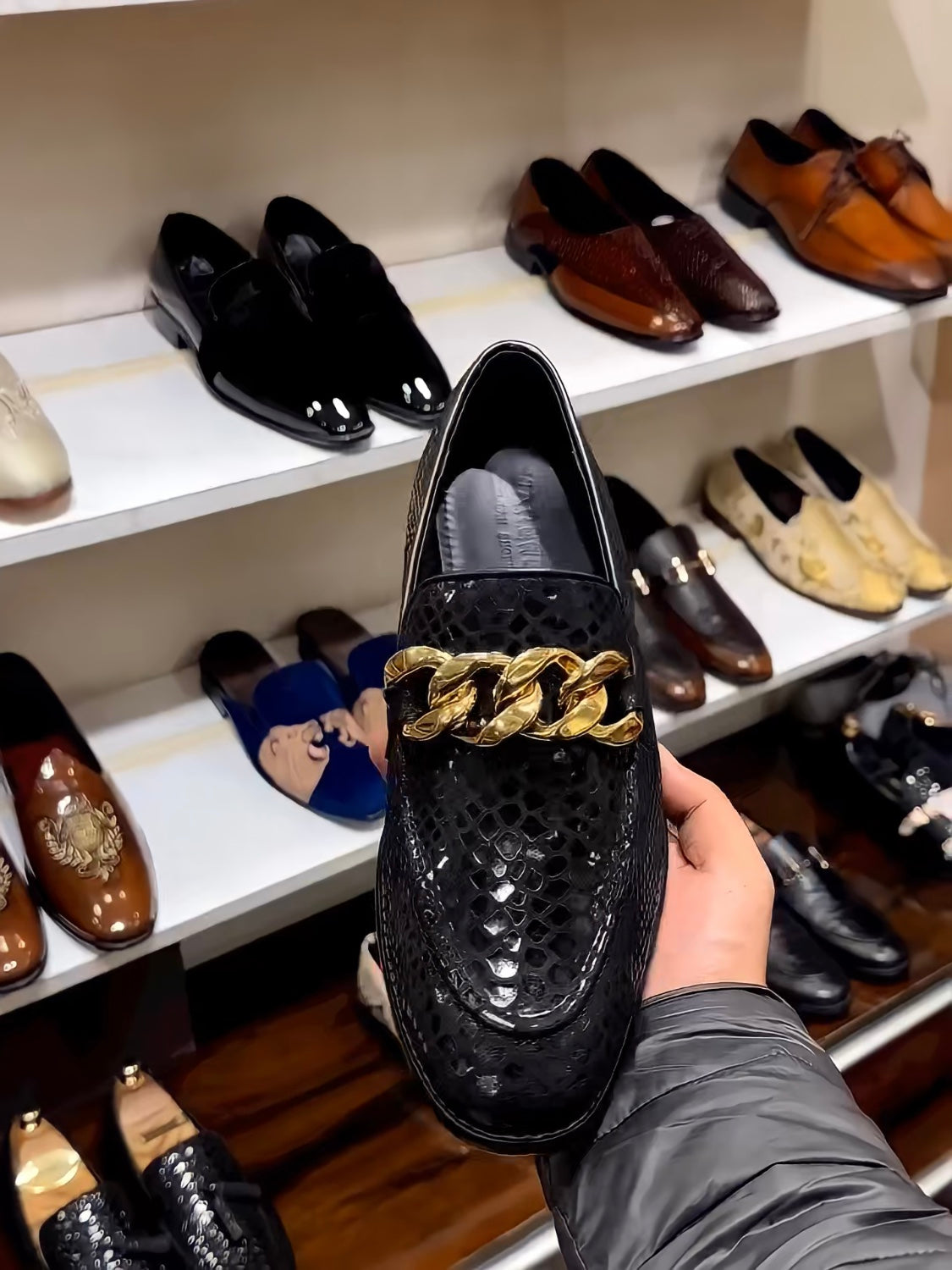 Signature Snake Foil Gold Heel Moccasins with Chain Buckle