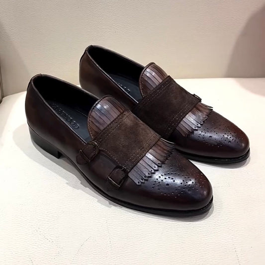 Italian Crust Brown Patina Fringe Moccasins with Suede Monk Strap