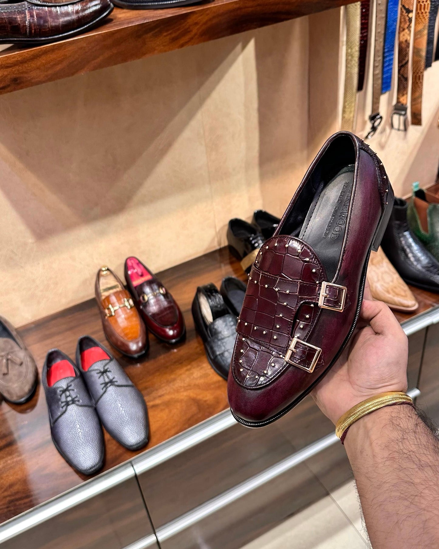 Ox-blood Patina Croc Double Monk Loafers