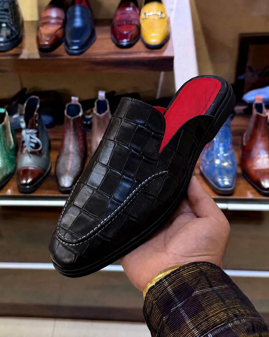 Black Deep-cut Crocodile Scaled Mules with Red Footbed