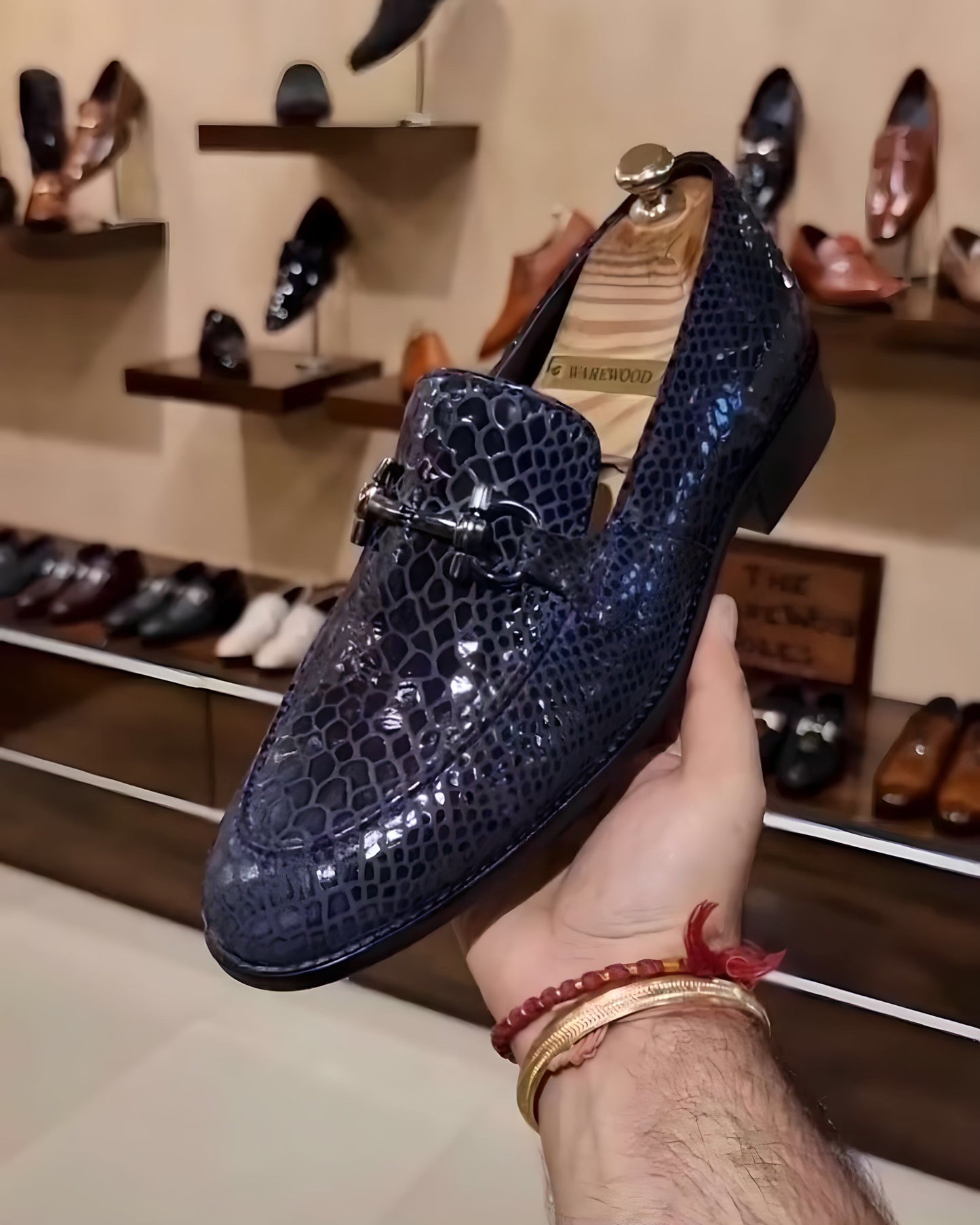 Navy Blue Snake Foil Moccasins