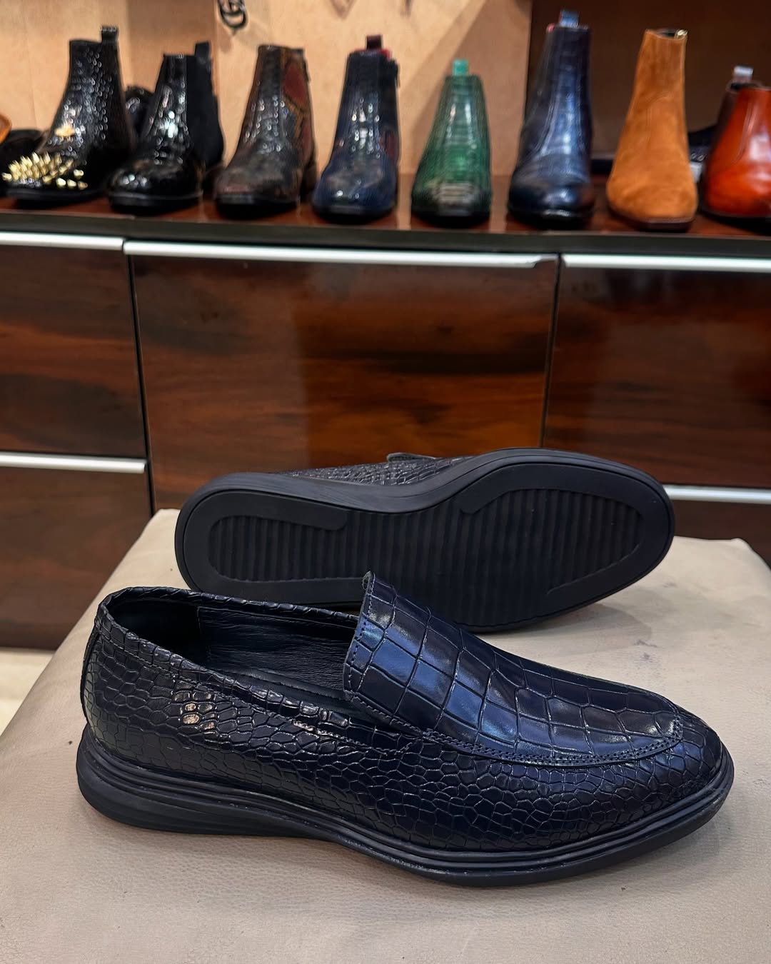 Navy Crocodile Scaled Eva Sole Loafers