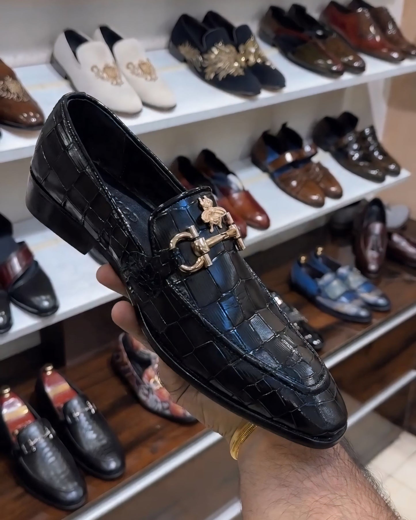 Smooth Crocodile Scaled Moccasins with Bee