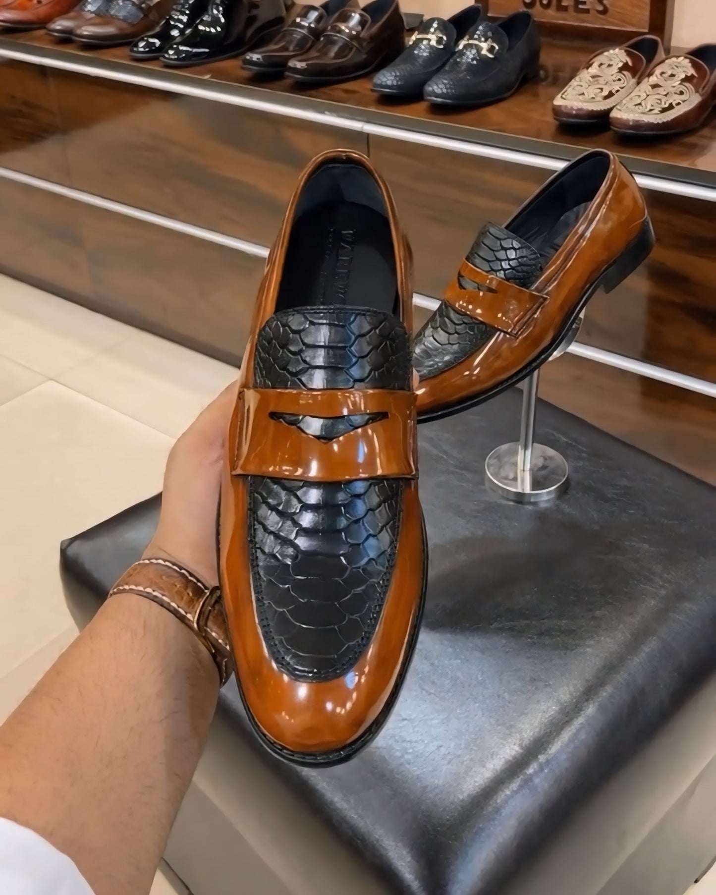 Tan Patina Cobra Scaled Spectator Moccasins