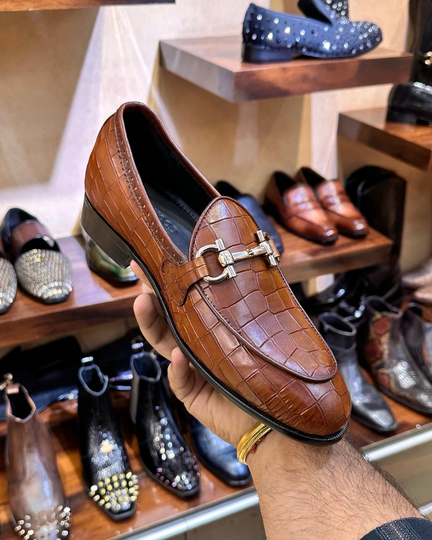 Tan Crocodile Scaled Belgian Horsebit Loafers