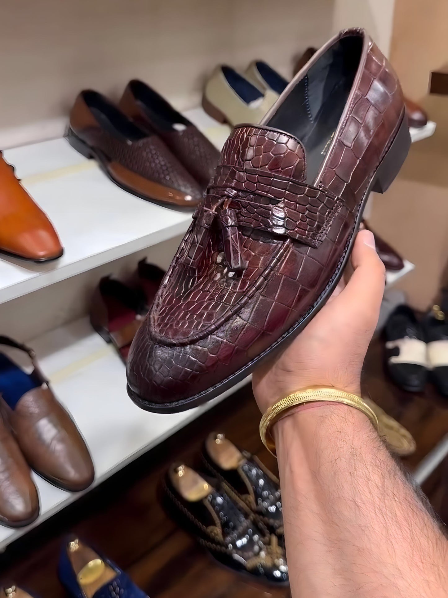 Burgundy Crocodile Scaled Penny Tassel Loafers