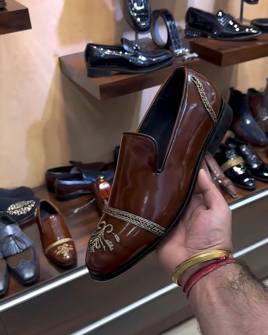 Brown Patina Hand-embroidery Slip-ons