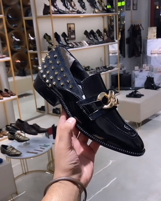 Luxe Edition Gold Studded Moccasins with Gold Chain Buckle