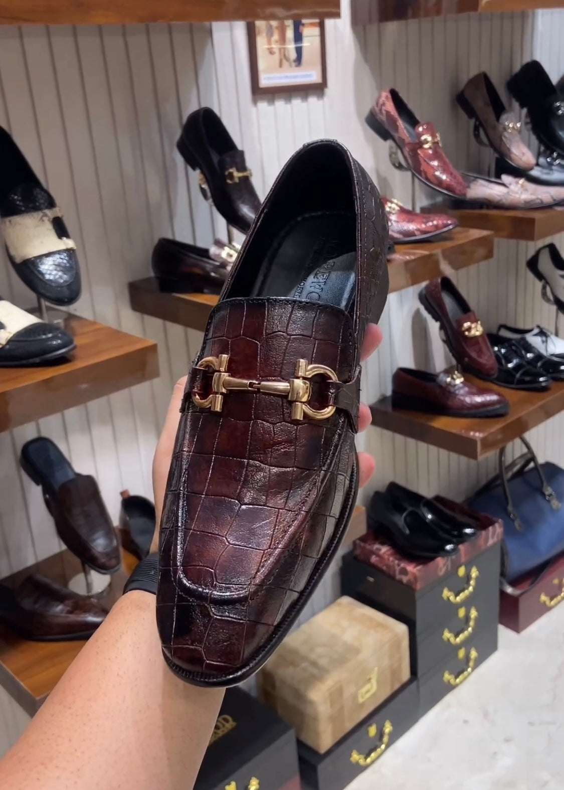 Burnished Wine Crocodile Scaled Moccasins
