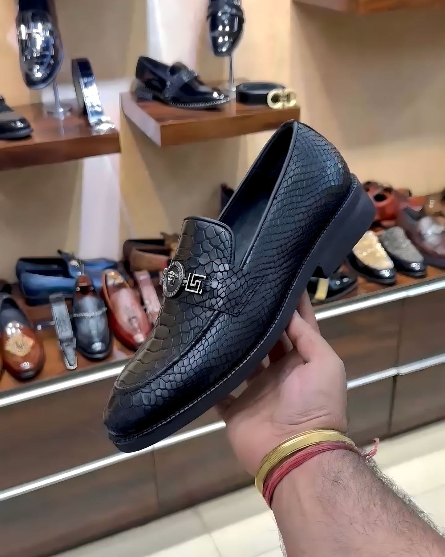 Designer Black Cobra Scaled Slip-on Loafers