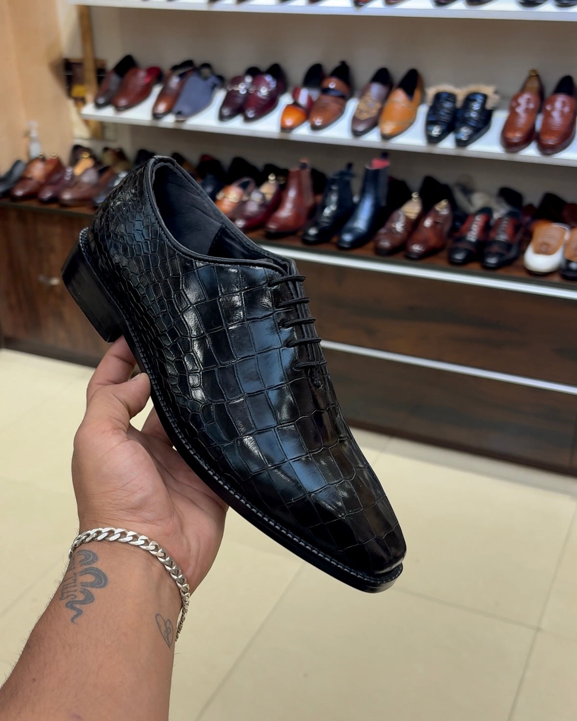 Black Crocodile Scaled Whole-cut Oxfords