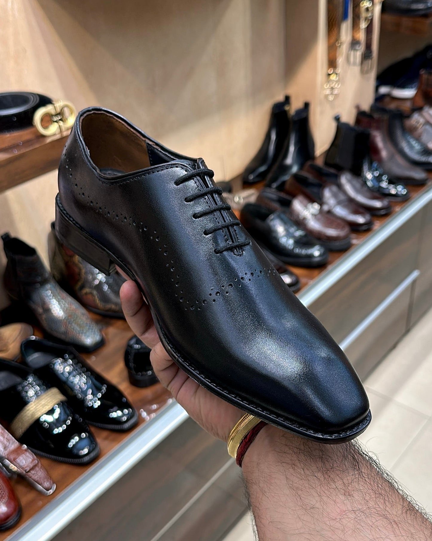 Black Italian Leather Whole-cut Oxfords with Broguing Details
