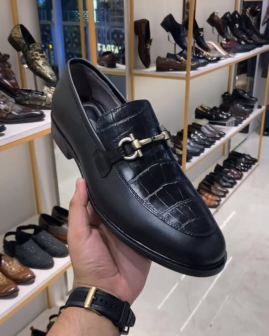Matt Black Croc Scaled Moccasins with Rubber Sole