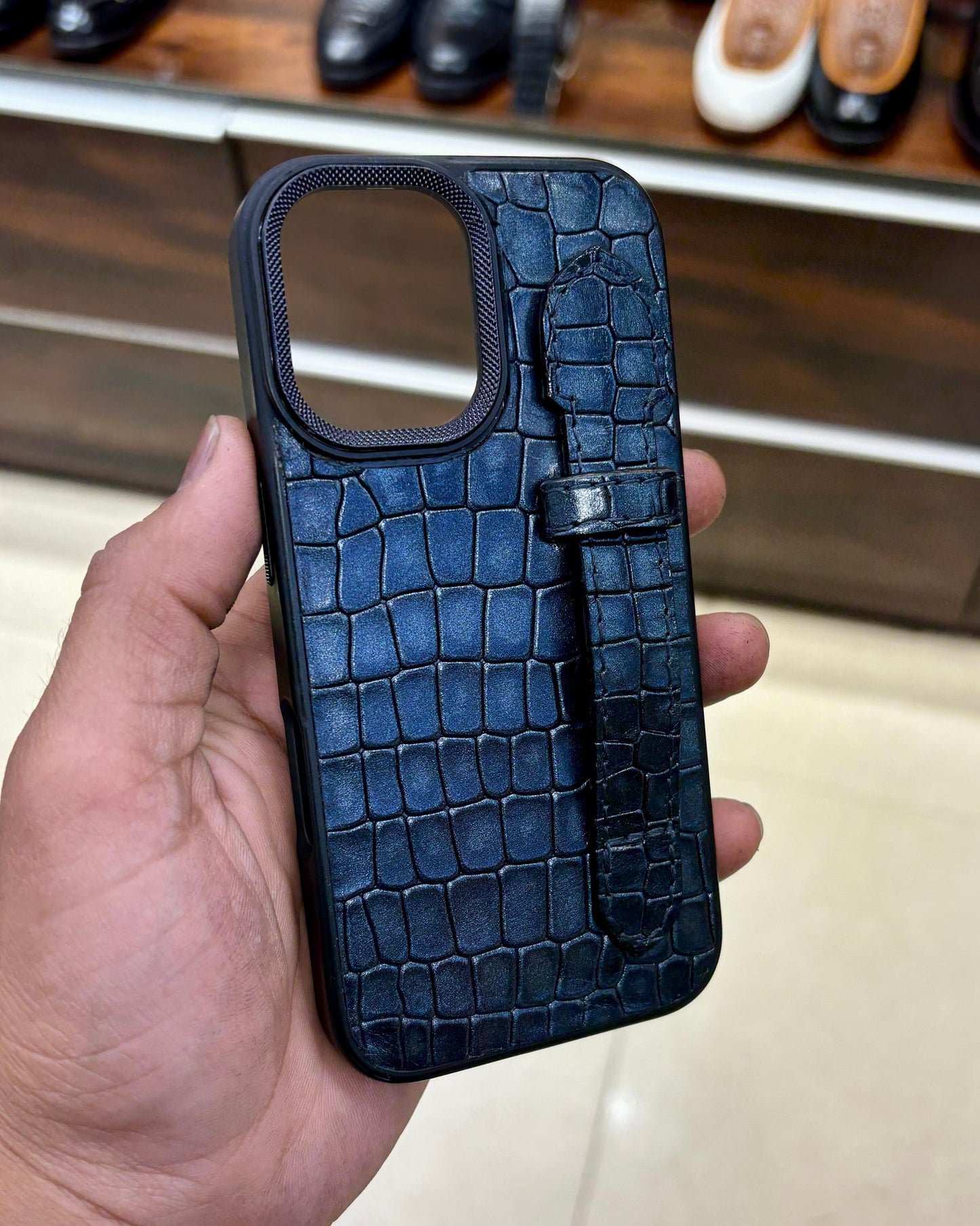 Midnight Blue Crocodile Leather Mobile Cover With Holding Finger