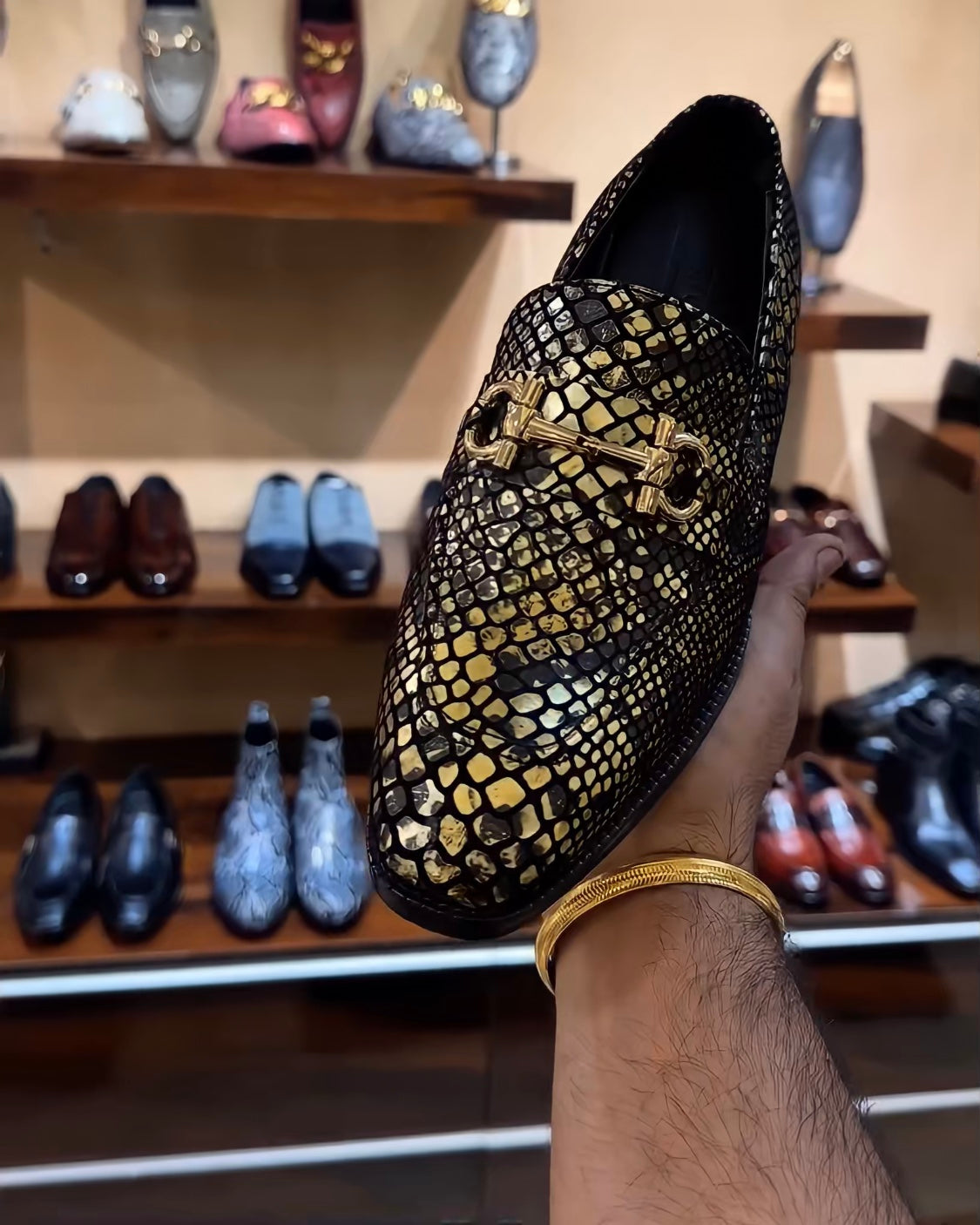 Exotic Gold-black Snake Foil Loafers with Gold Buckle