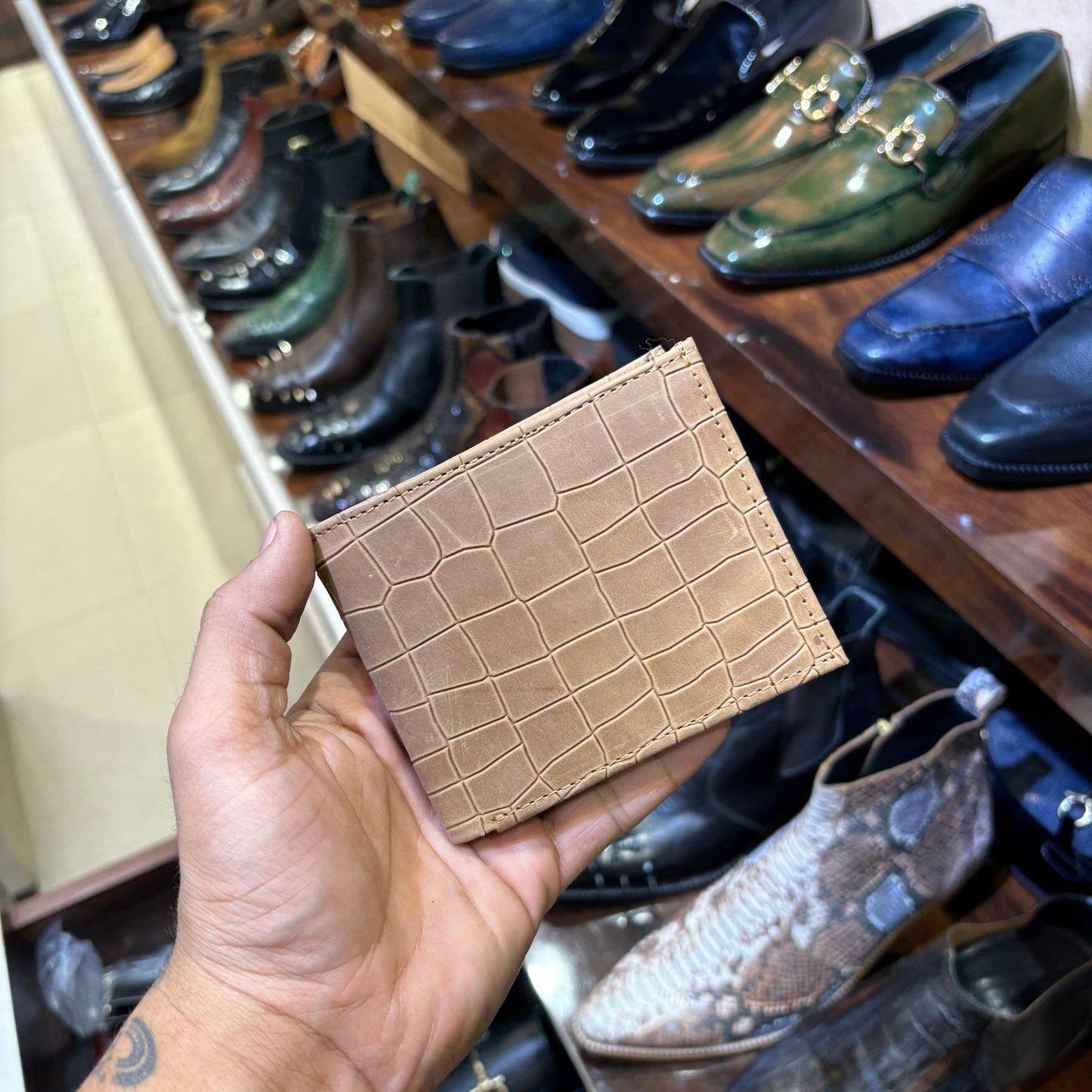 Beige Deep Cut Crocodile Scaled Wallet