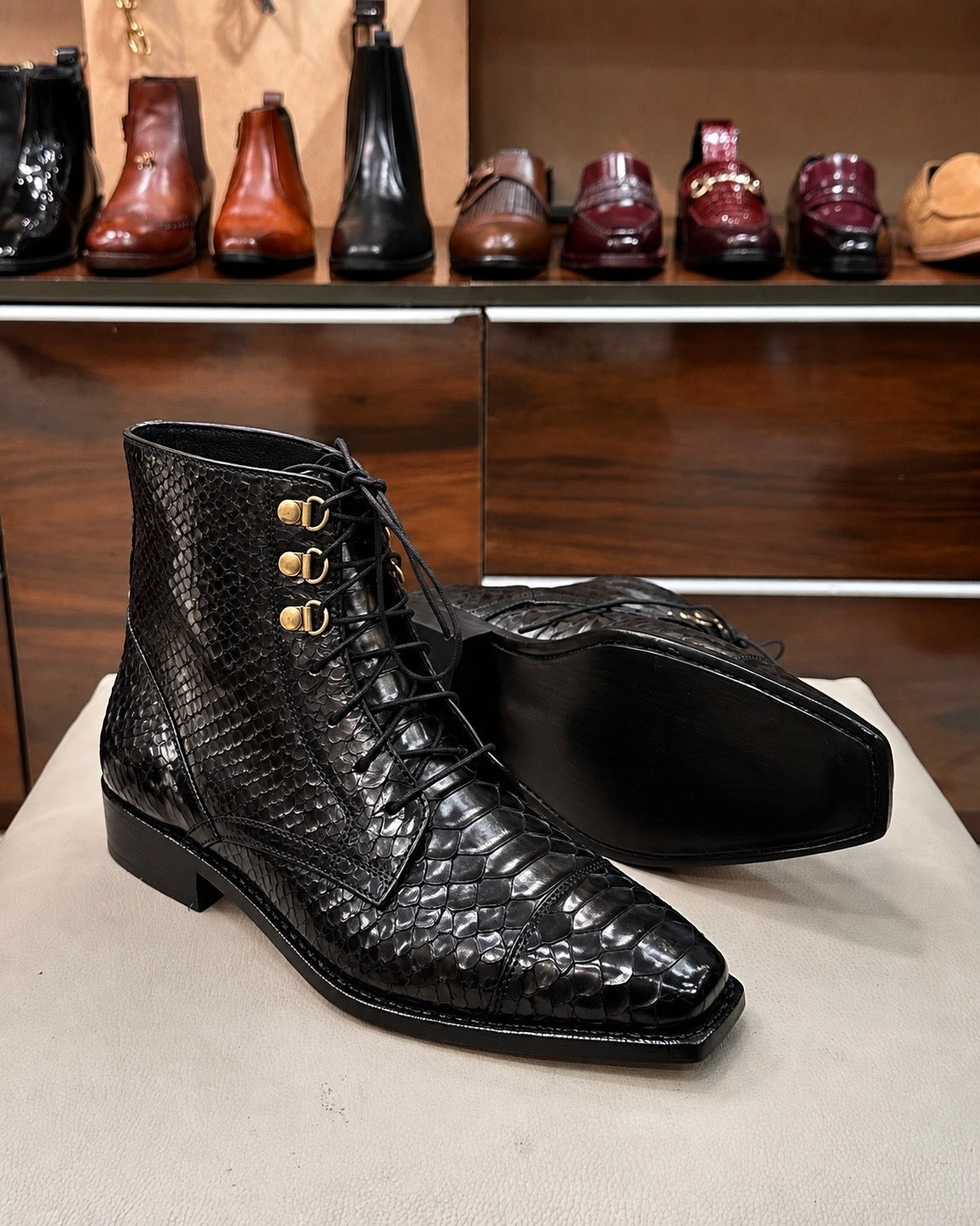 Goodyear Welted Black Cobra Scaled Derby Cap Toe Boots