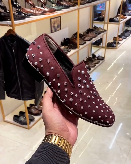 Burgundy Silver Studded Moccasins
