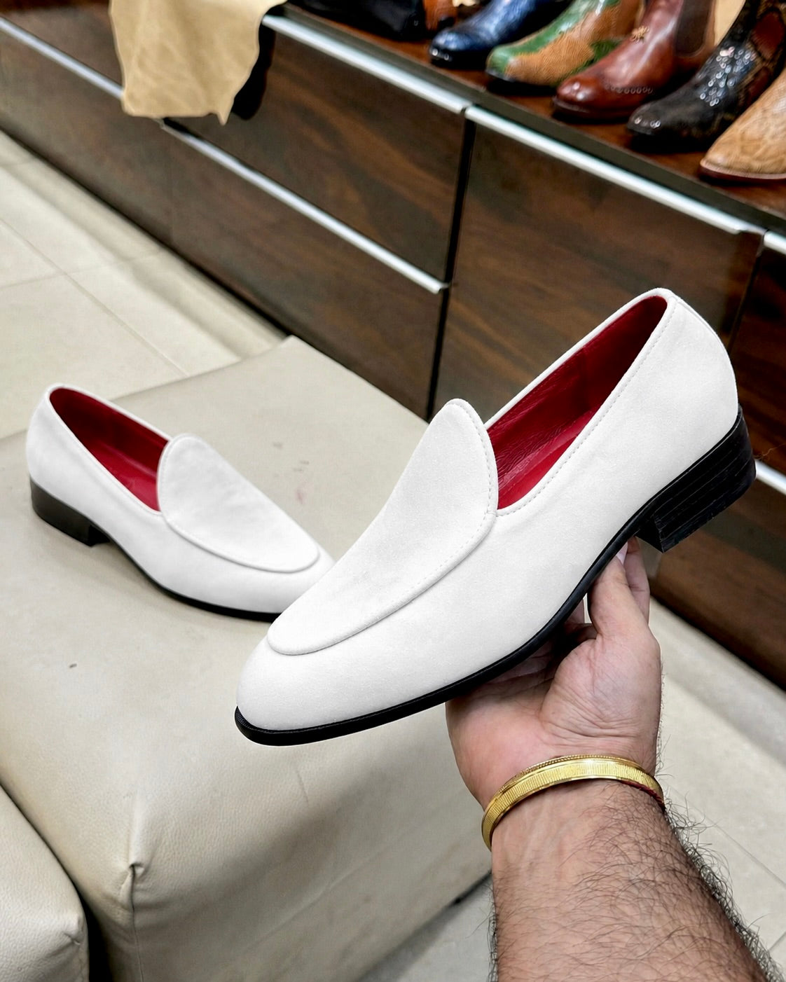 White Suede Belgian Loafers With Red Interior