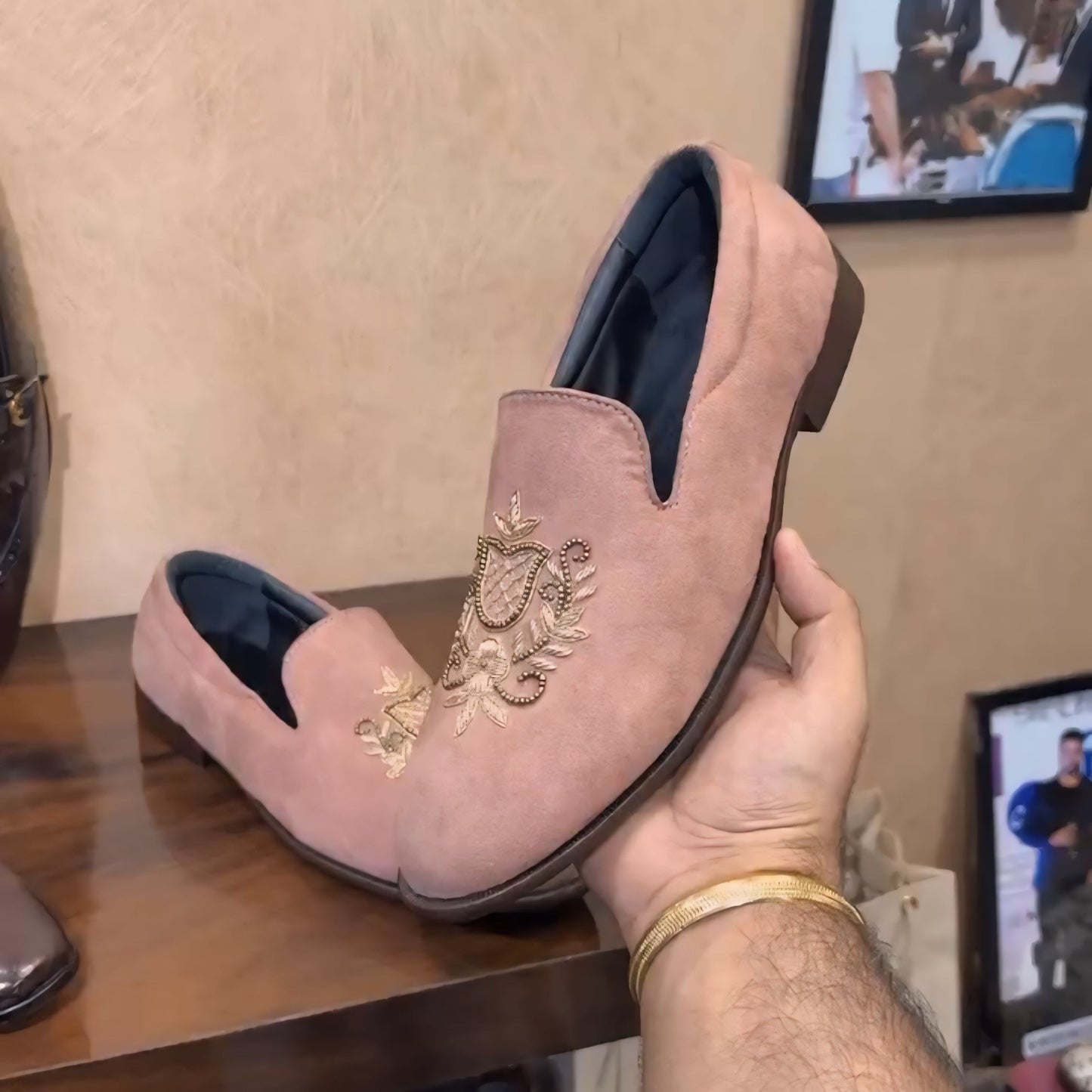 Baby Pink Suede Embroidered Wood Sole Slip-ons