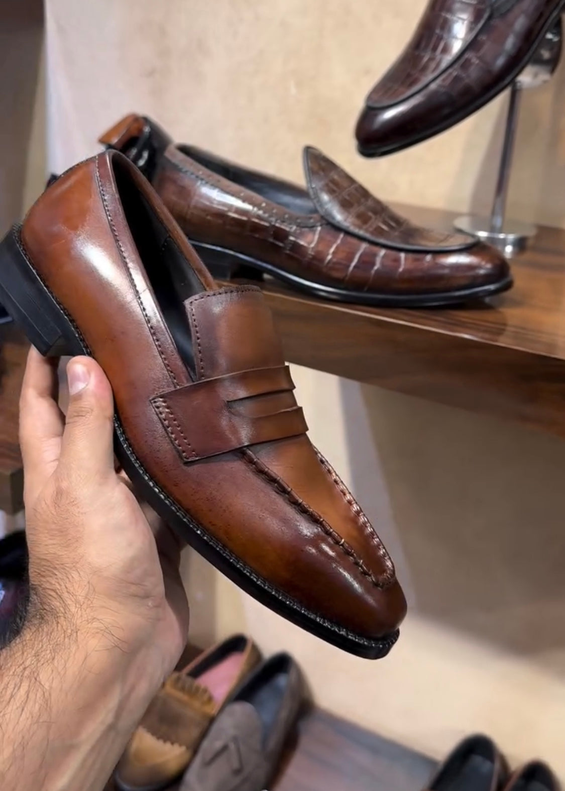 Tan Patina Italian Crust Penny Loafers