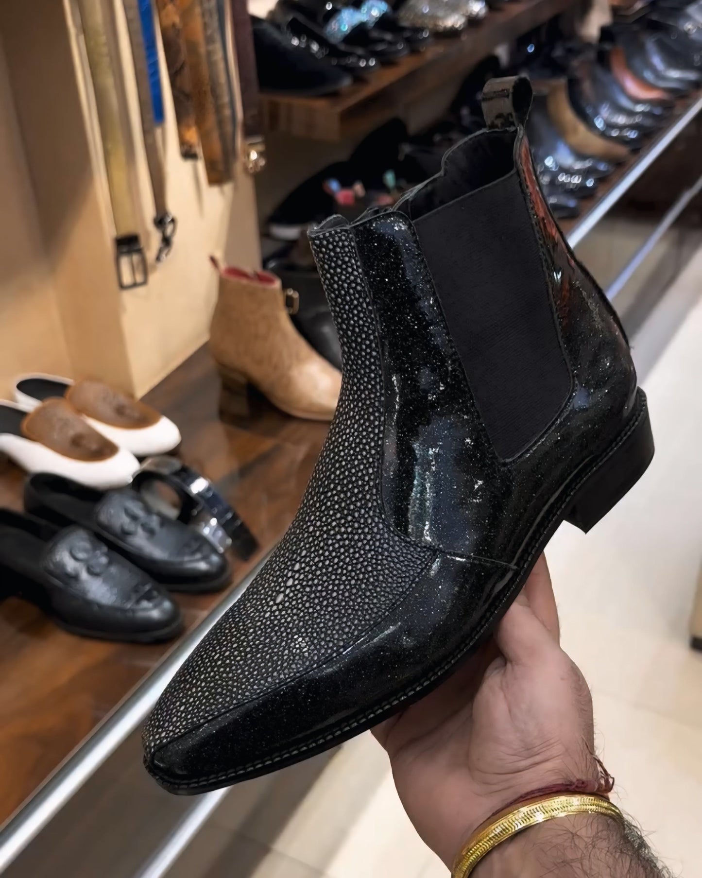 Stingray Fish Skin with Italian Sparkle Patent Leather Boots