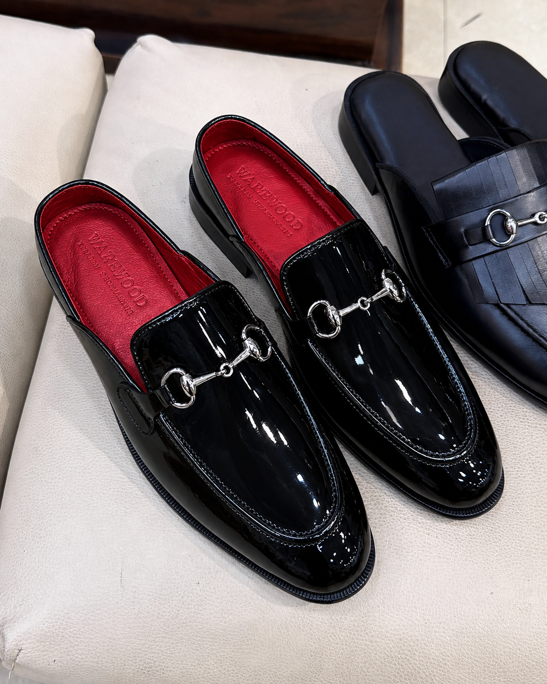 Black Patent Leather Mules With Silver Horsebit And Red Interior