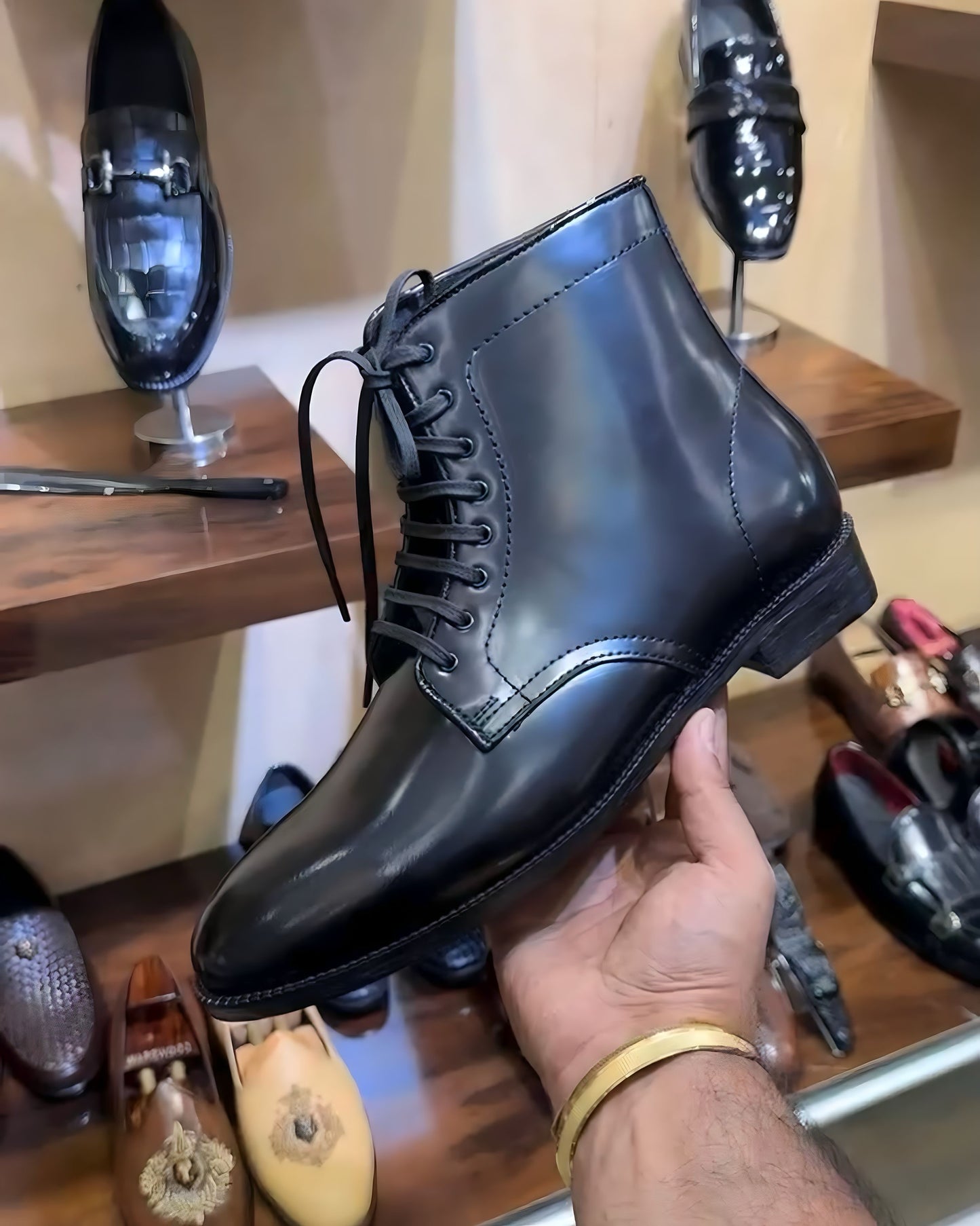 Black Derby Dress Boots in Smooth Calf Leather