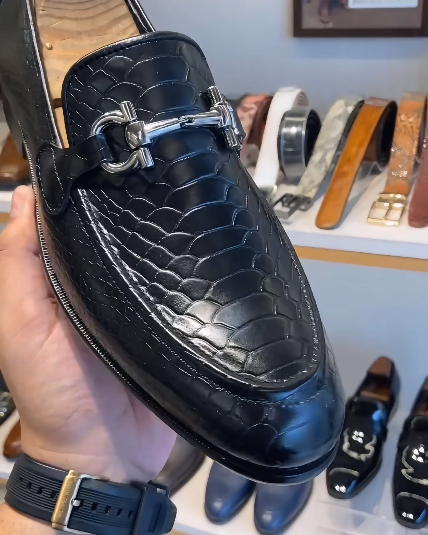 Classic Black Cobra Scaled Loafers