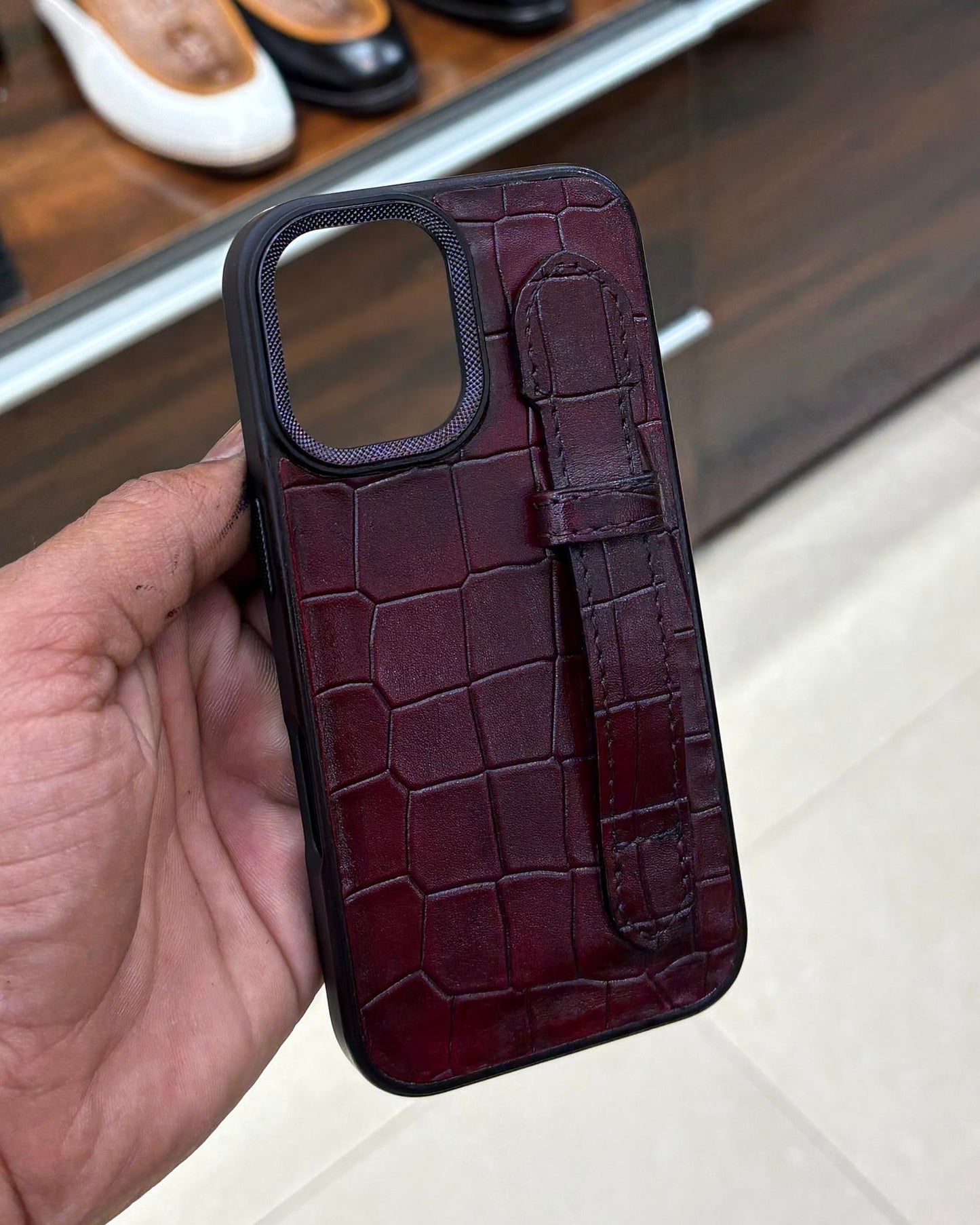 Burgundy Crocodile Leather Mobile Cover With Holding Finger