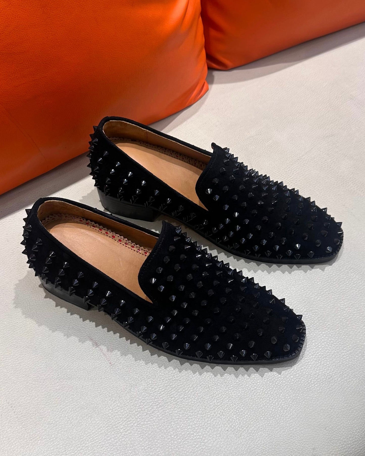 Black Studded Loafers with Beige Lining & Red Bottoms