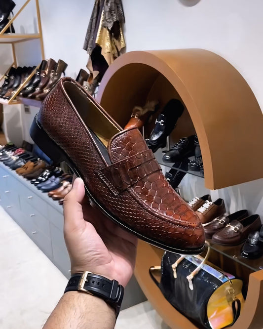 Brown Patina Cobra Scaled Penny Moccasins