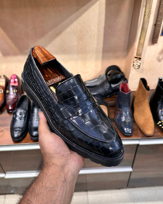Classic Black Smooth Crocodile Boot Sole Penny Moccasins