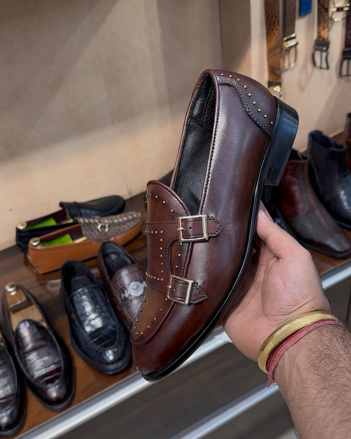 Brown Patina Double Monk Strap Loafers
