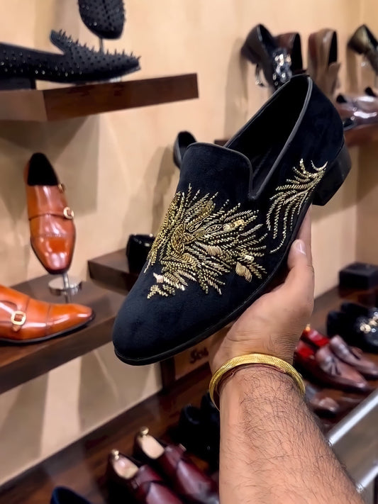 Gold Tiger Embroidery on Black Suede Moccasins