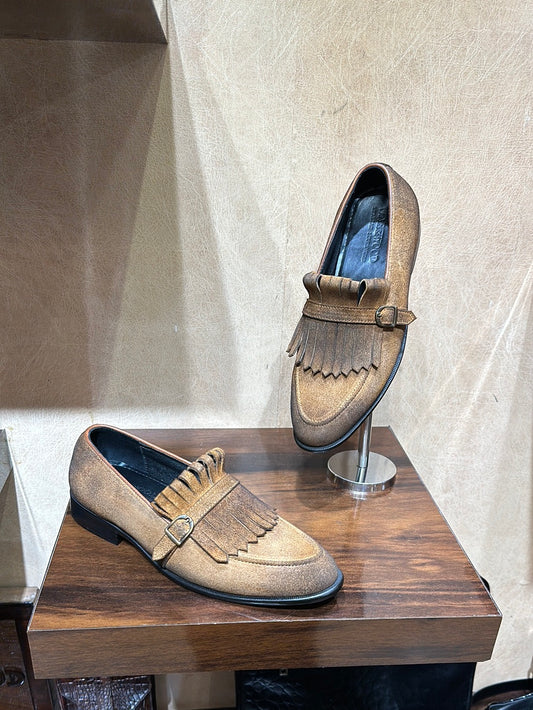 Burnished Beige Suede Fringes Moccasins