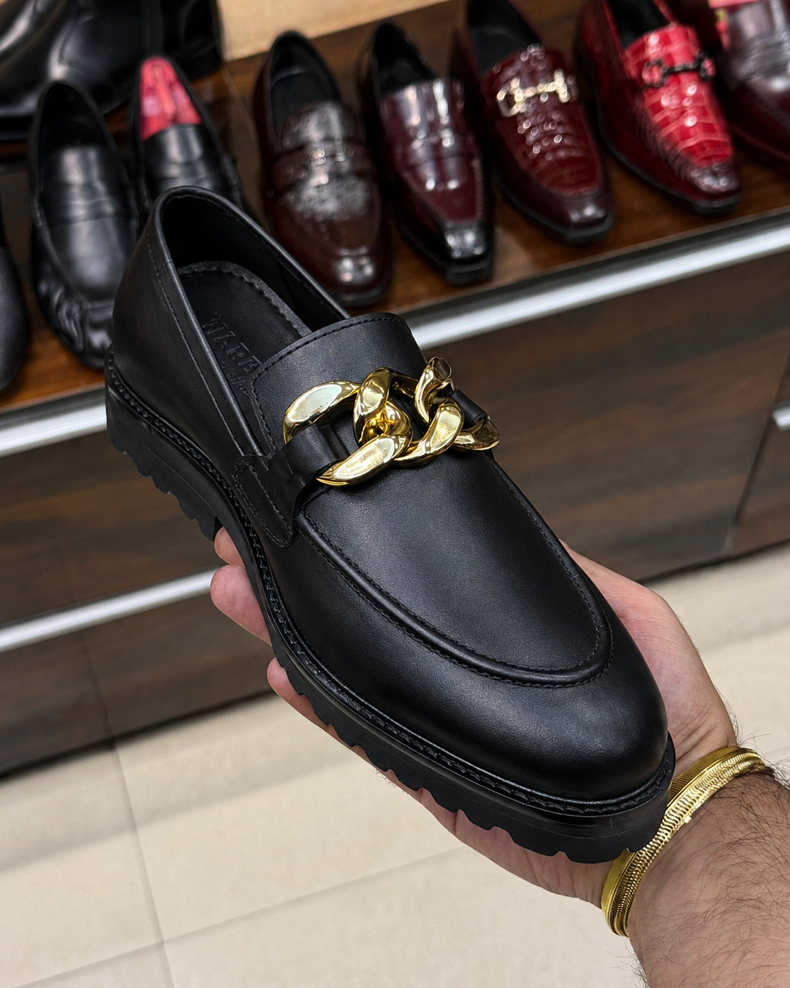 Black Chunky Loafers With Chain
