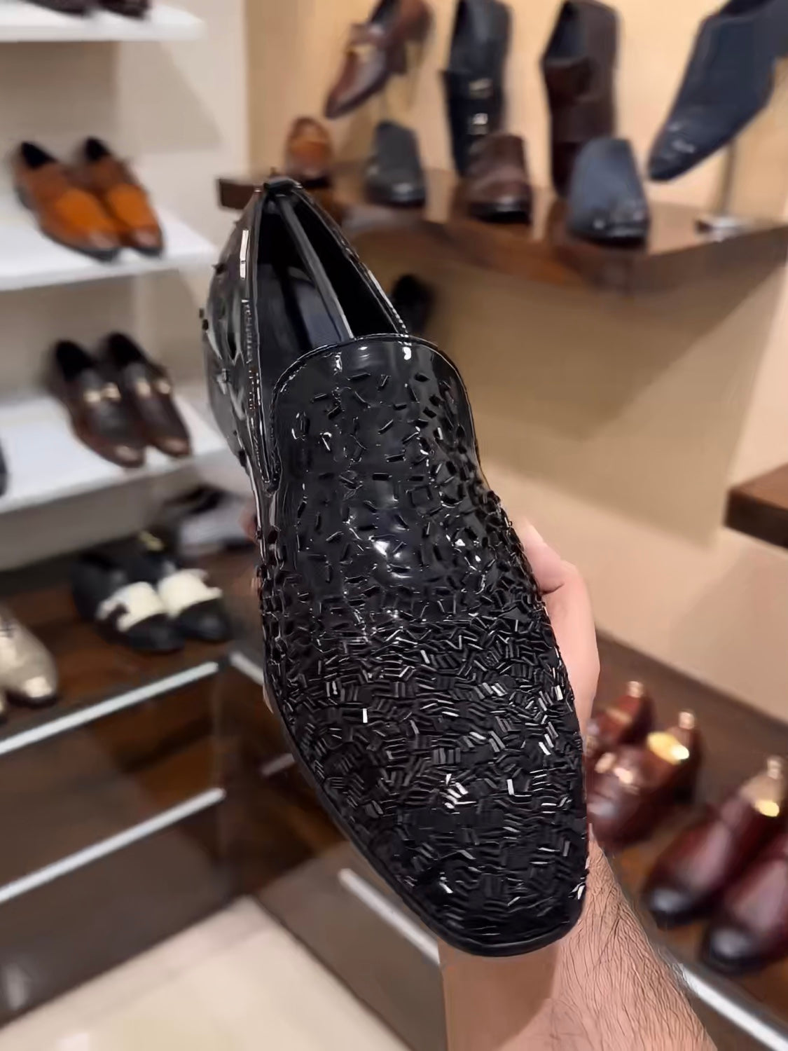 Patent Embroidery Tux Moccasins