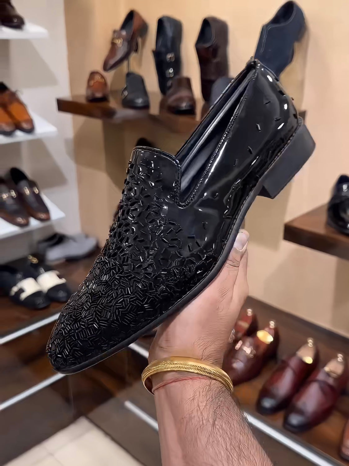 Patent Embroidery Tux Moccasins