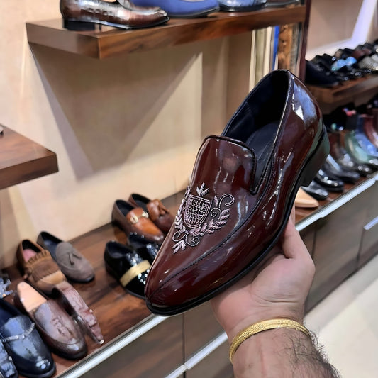 Burgundy Patina Silver Embroidery Moccasins