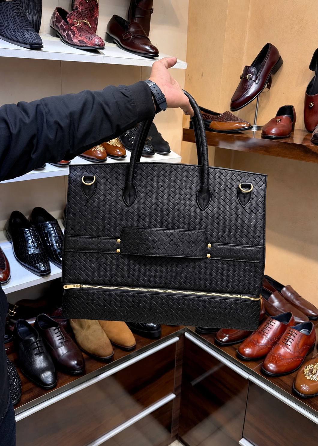 Black Hand-Woven Leather Travel Bag with Bottom Shoe Compartment