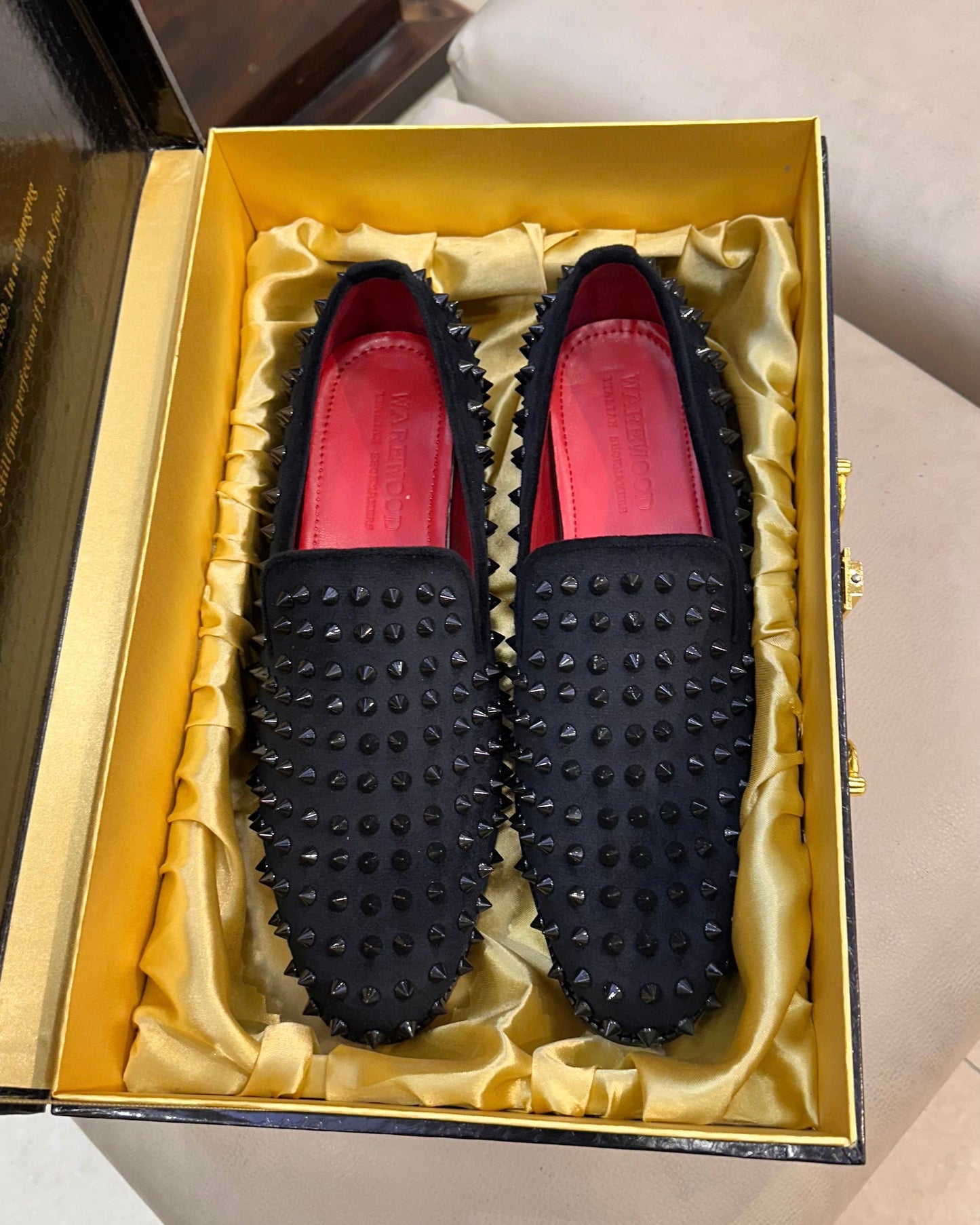 Black Studded Loafers with Red Lining