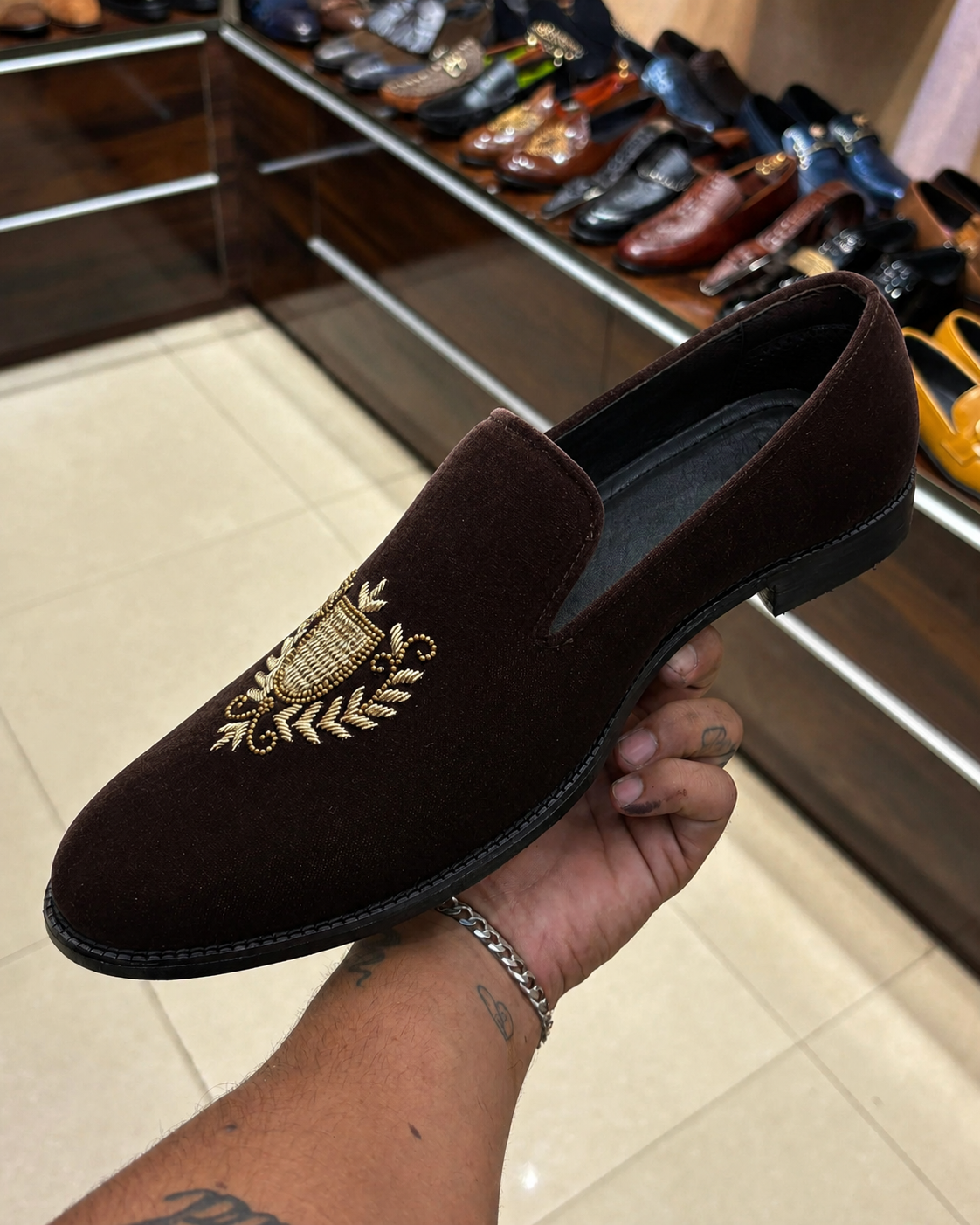 Dark Brown Velvet Gold Hand-embroidered Loafers